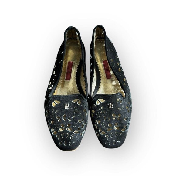 CH Carolina Herrera Black Laser Cut Suede Flats Size 37 US...
